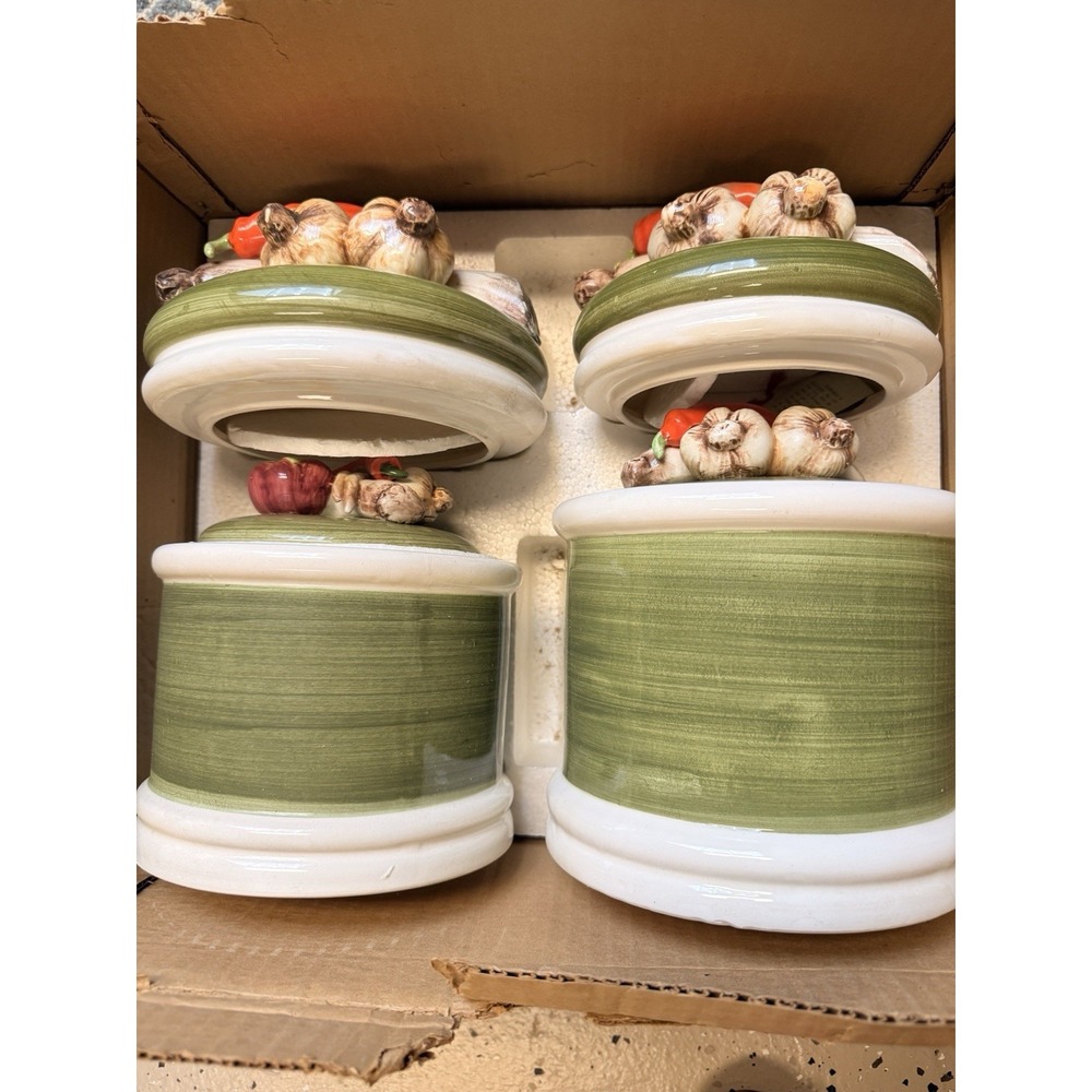 Vintage Set Of 4 Garden Harvest Green Hand Painted Canister with Vegetables